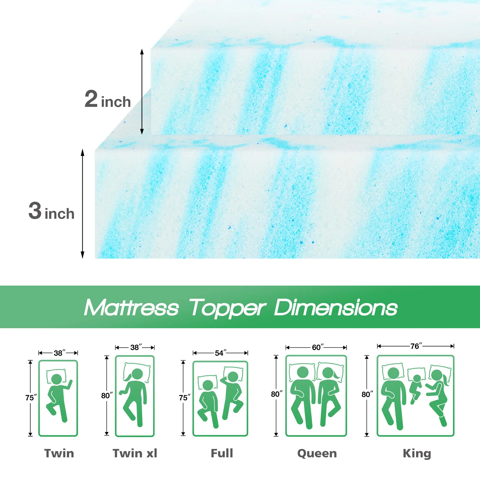 JHK 2-3 Inch Gel Memory Foam Mattress Topper Full Size Cooling Mattress Soft and Breathable Bed Topper School Bedroom Furniture - Image 6