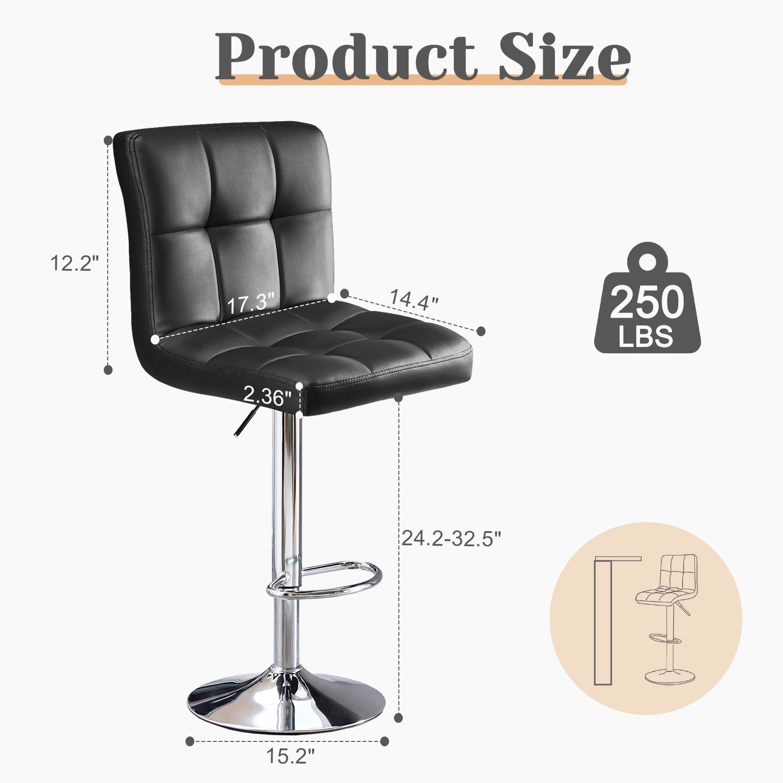 JHK PU Leather Bar Stools Set of 2,Upholstered Counter Height Bar Stools,SGS Certified Gas Gylinder Comfortbale Backrest - Image 2